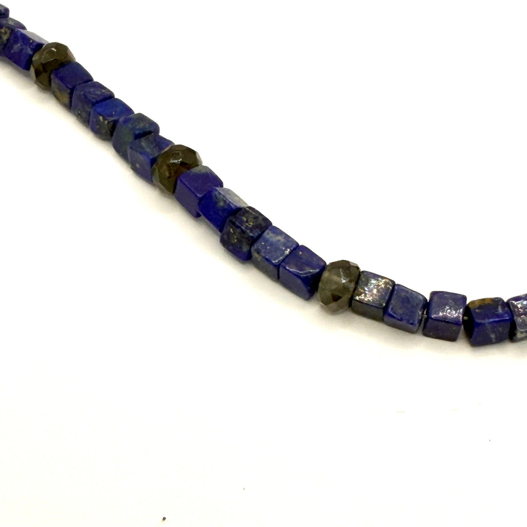 Vintage 90s Sterling Silver Lapis Lazuli Cube Beaded Statement Necklace