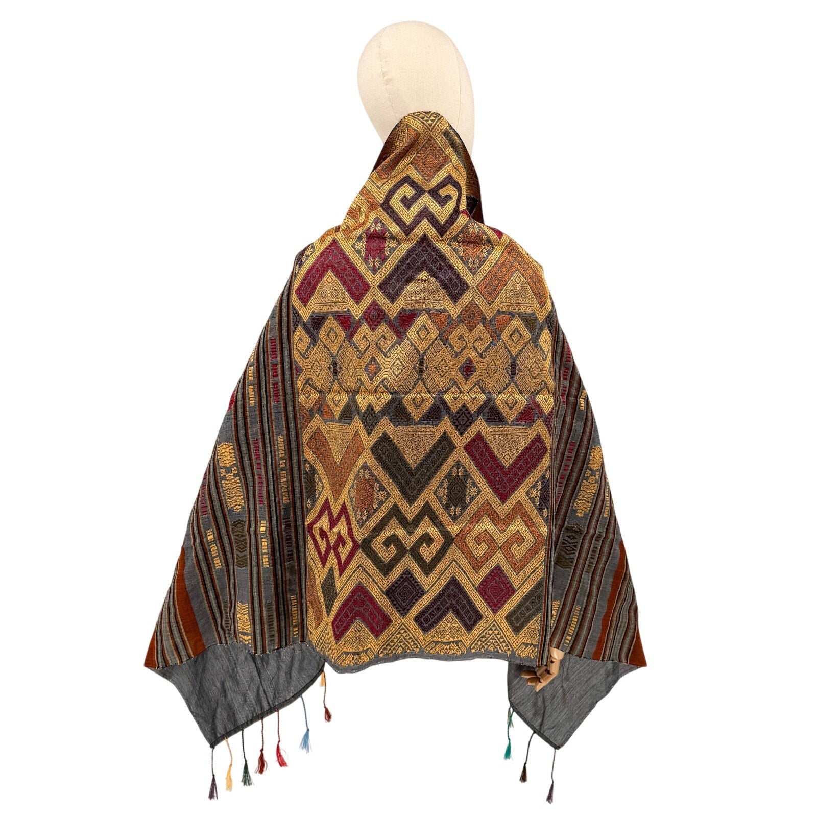 Gray Copper Geometric Tribal Woven Silk Blend Tassel Shawl Wrap
