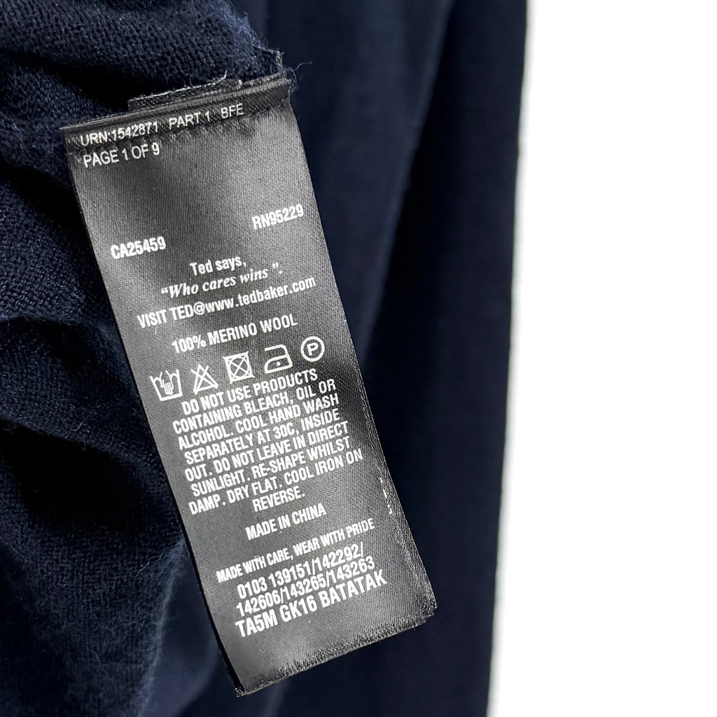 Ted Baker Navy Blue 100% Merino Wool Minimalist V-Neck Sweater