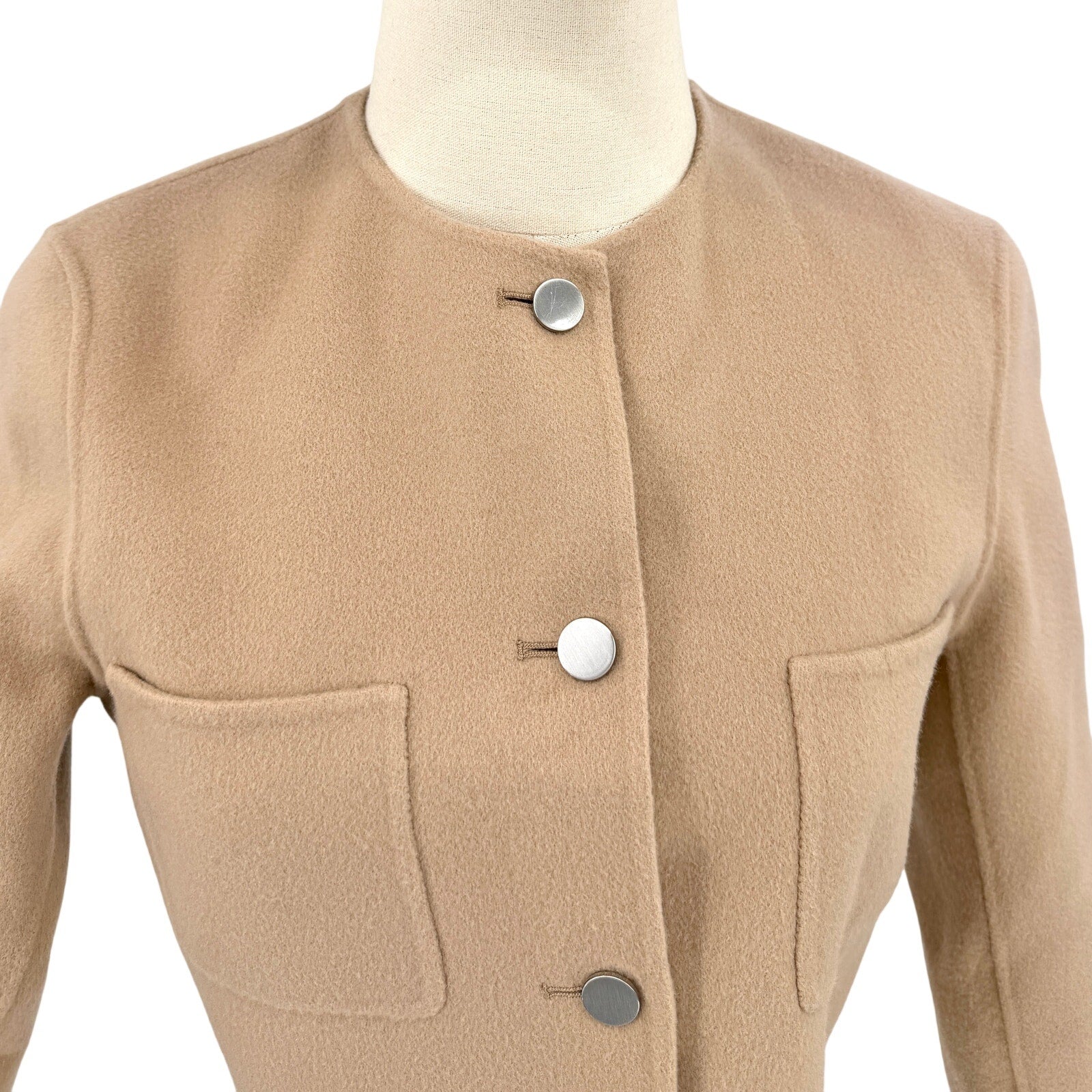 Theory Beige Cashmere Wool Minimalist Luxe Cropped Collarless Jacket