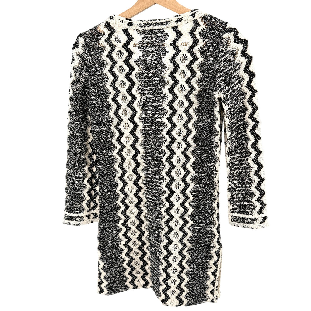 Calypso St Barth Black Cream Chevron Crochet Lace Up Tassel Tunic Mini Dress