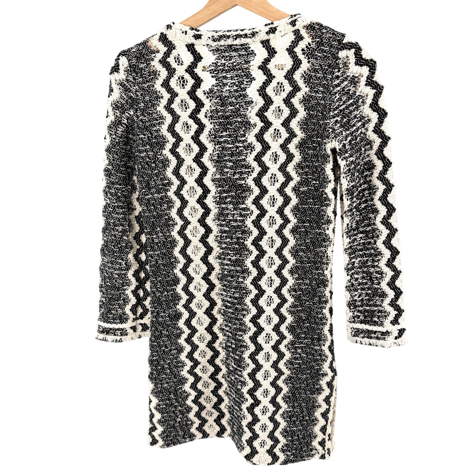 Calypso St Barth Black Cream Chevron Crochet Lace Up Tassel Tunic Mini Dress
