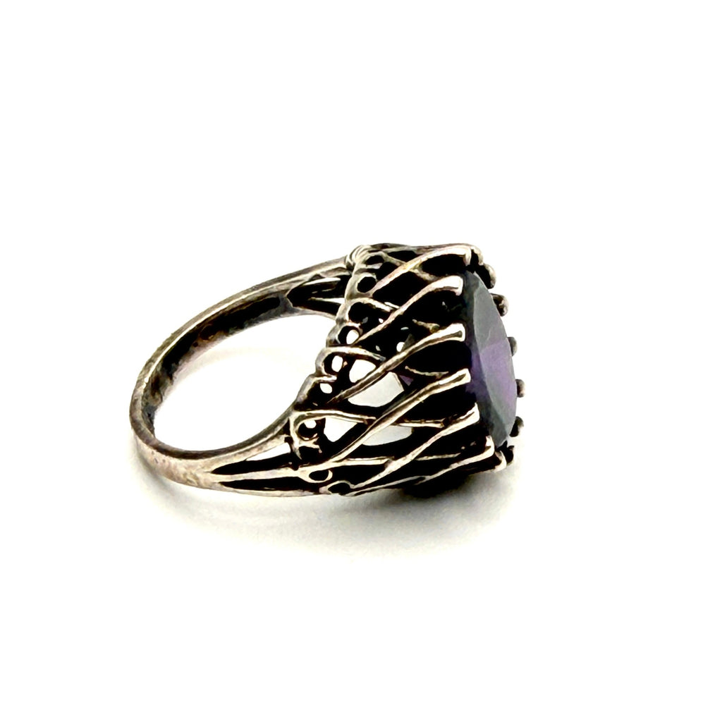 Vintage 70s Stamped Sterling Silver Amethyst Filigree Cocktail Statement Ring
