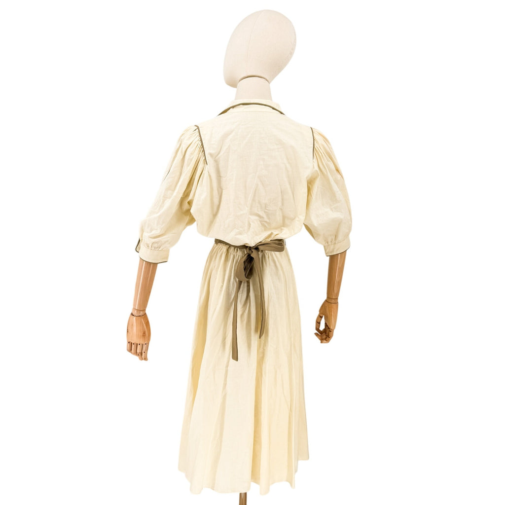 Vintage 80s Albert Capraro Cream Belted A-Line Midi Dress
