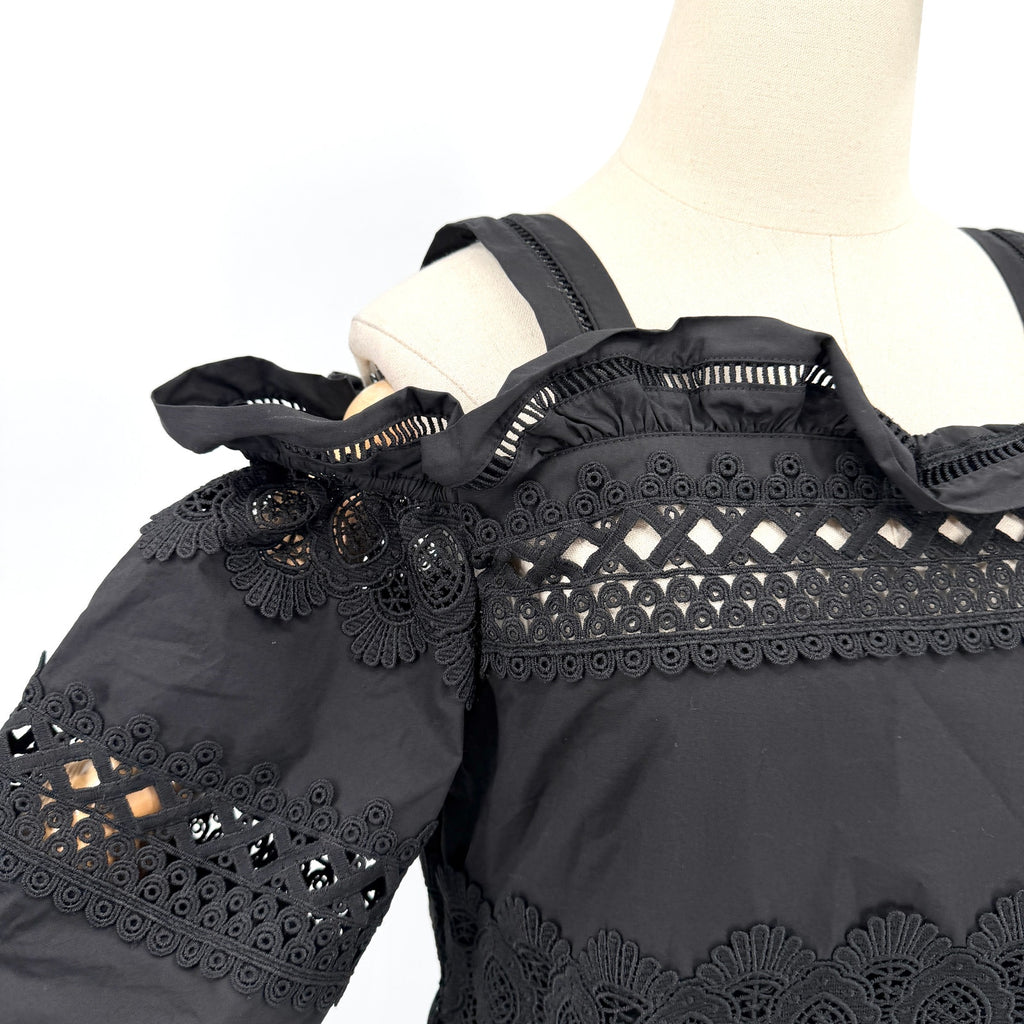 Gracia Black 100% Cotton Lace Cold Shoulder Ruffle Dress