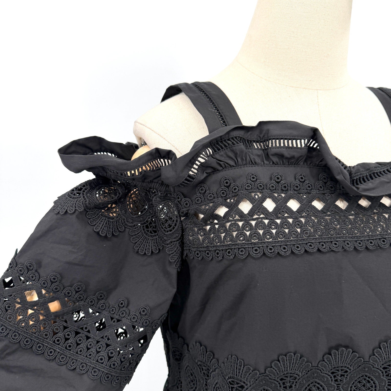 Gracia Black 100% Cotton Lace Cold Shoulder Ruffle Dress