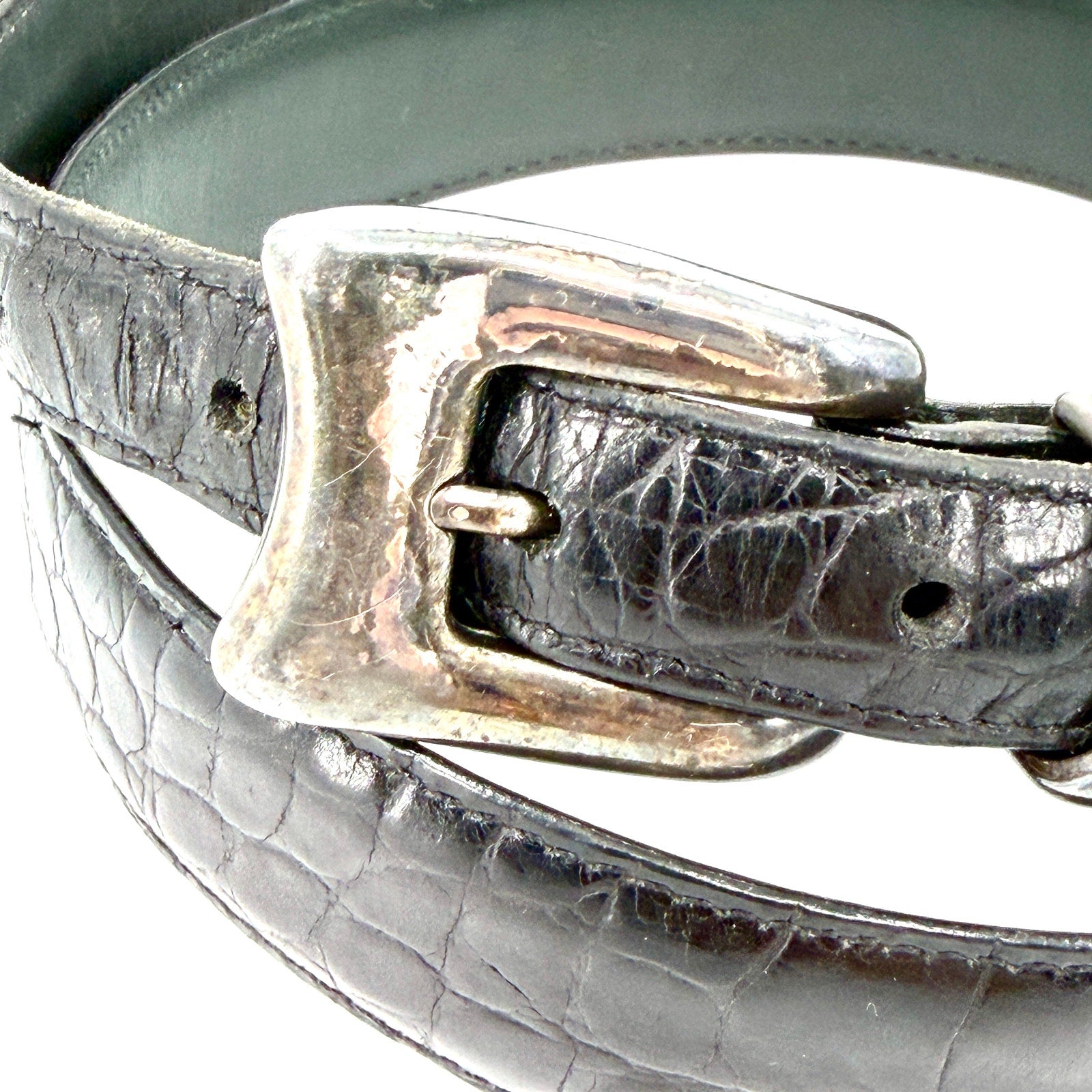 Vintage 90s Black Genuine Leather Croc Embossed Silver Tipped Belt