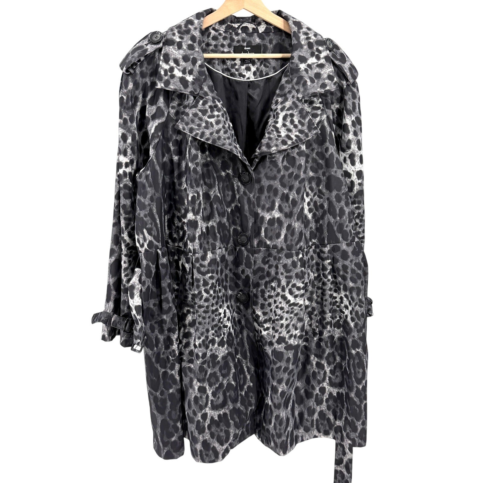Dennis by Dennis Basso Gray White Leopard Print Trench Raincoat