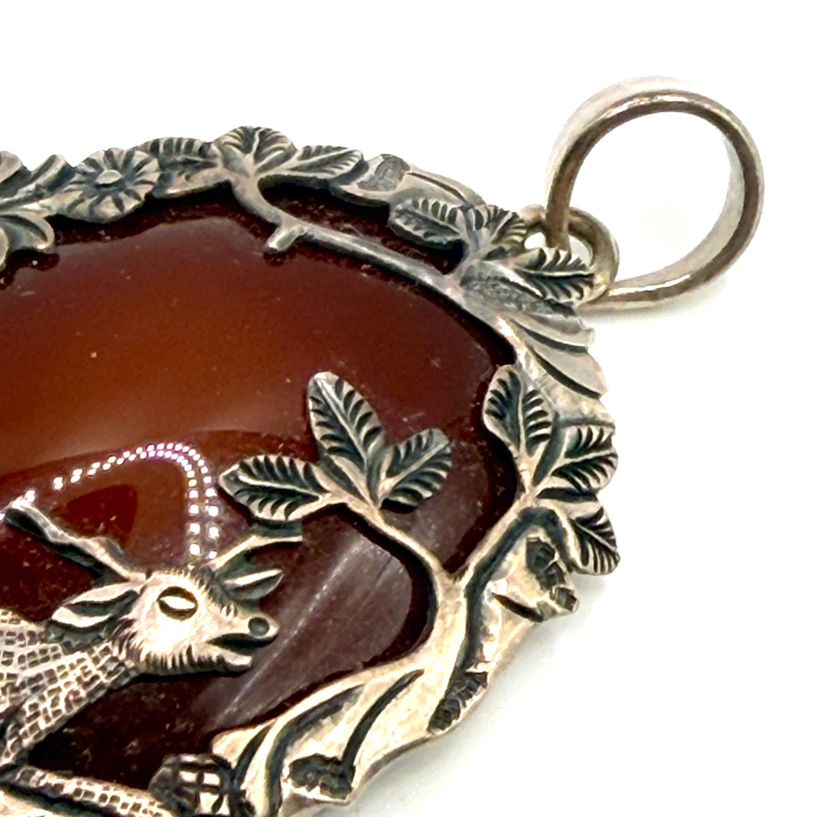 Vintage 90s Red Carnelian Sterling Silver Woodland Deer Overlay Pendant