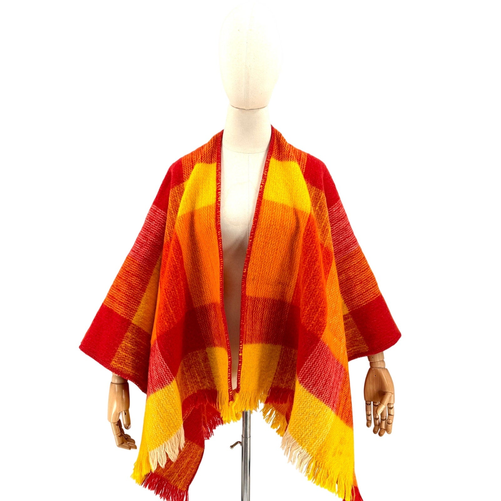 Vintage 60s Colombia S.A. Red Orange 100% Wool Plaid Ruana Poncho