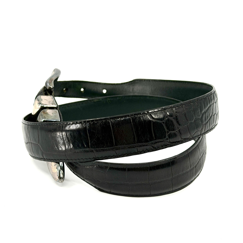 Vintage 90s Black Genuine Leather Croc Embossed Silver Tipped Belt
