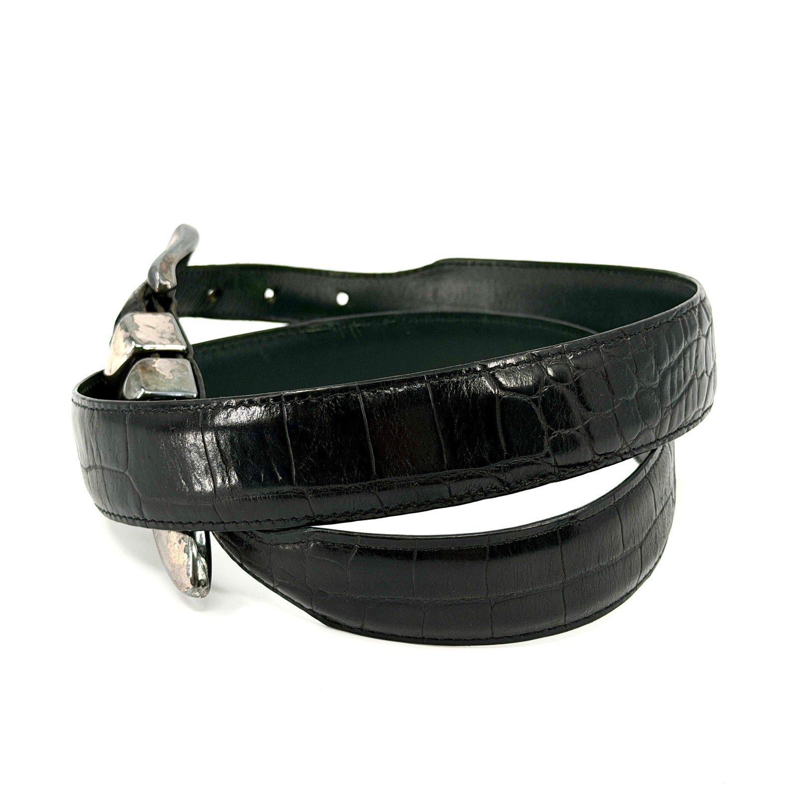 Vintage 90s Black Genuine Leather Croc Embossed Silver Tipped Belt