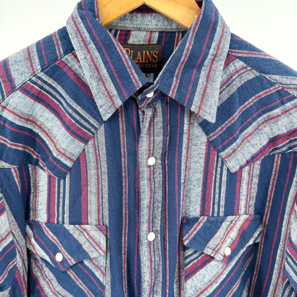 Plains Western Wear Navy Striped 100% Cotton Pearl Snap Flannel Shirt