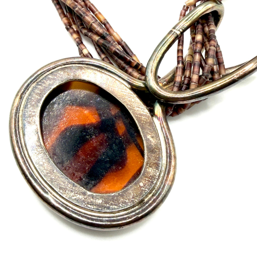 Vintage 70s Sterling Silver Brown Shell Heishi Agate Slide Statement Necklace