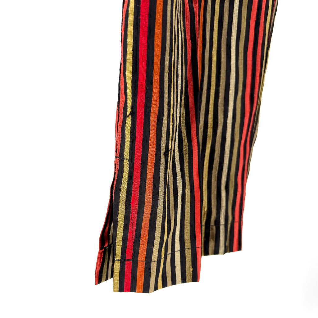 Black Multi-Color Striped Raw Silk Blend Elastic Waist Tapered Pants