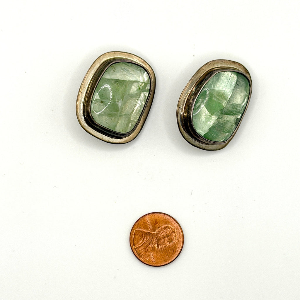Vintage 90s Seafoam Green Sterling Silver Stamped Modernist Clip On Earrings