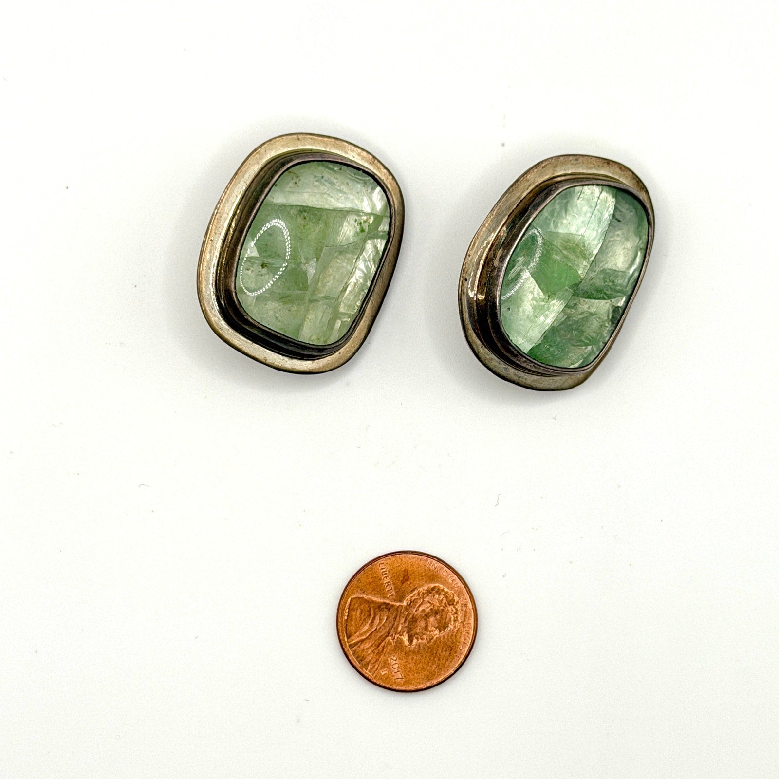 Vintage 90s Seafoam Green Sterling Silver Stamped Modernist Clip On Earrings
