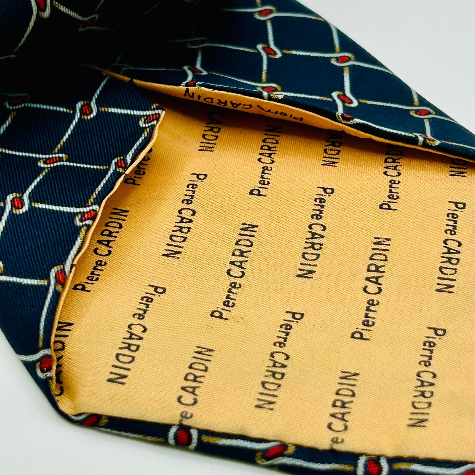 Vintage 70s Pierre Cardin Navy Blue Red White Geometric Silk Tie