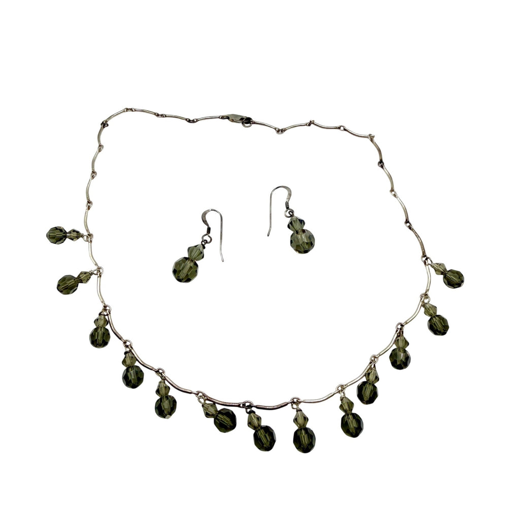 Vintage 90s Smoky Grey Crystal Faceted Dangle Necklace Earring Set