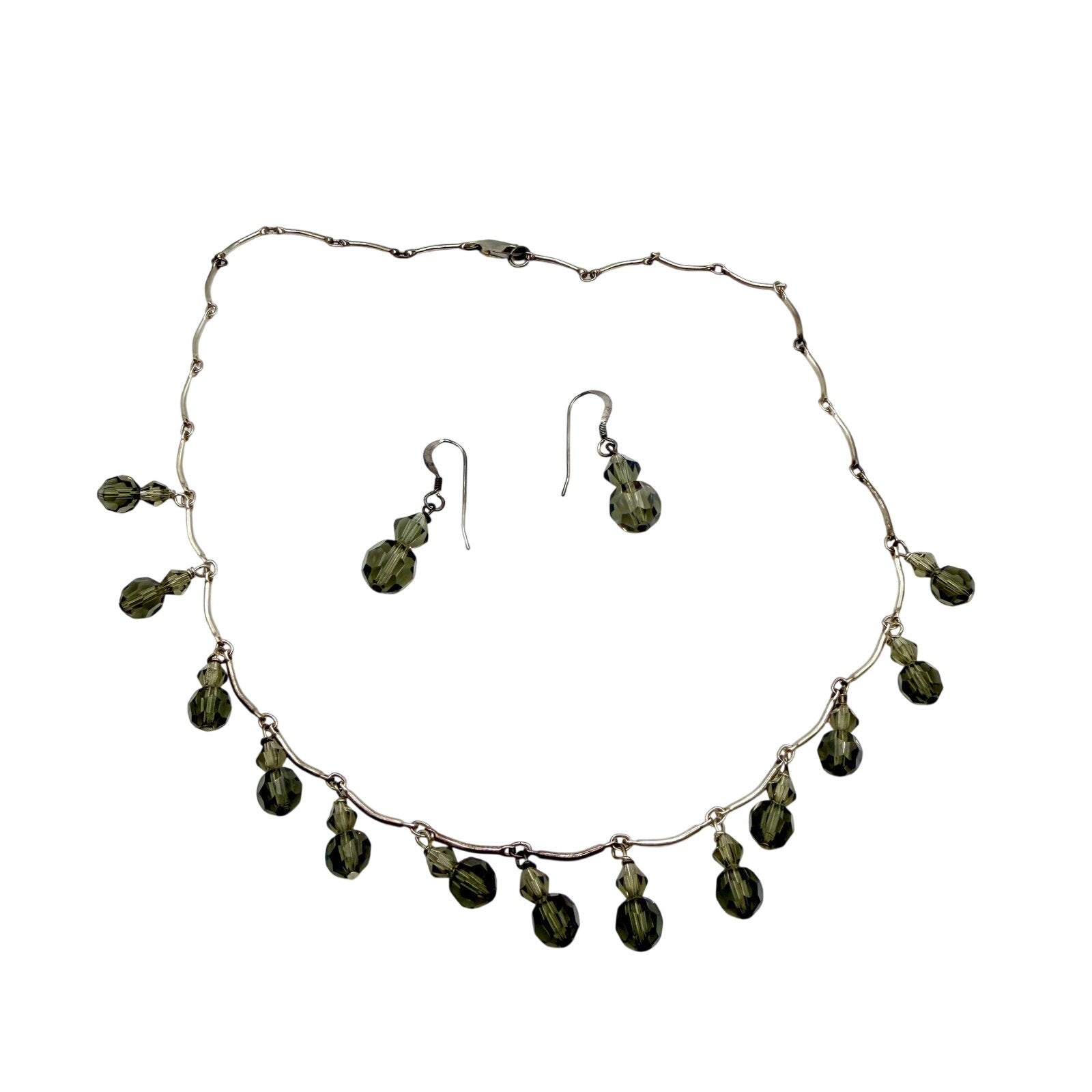 Vintage 90s Smoky Grey Crystal Faceted Dangle Necklace Earring Set
