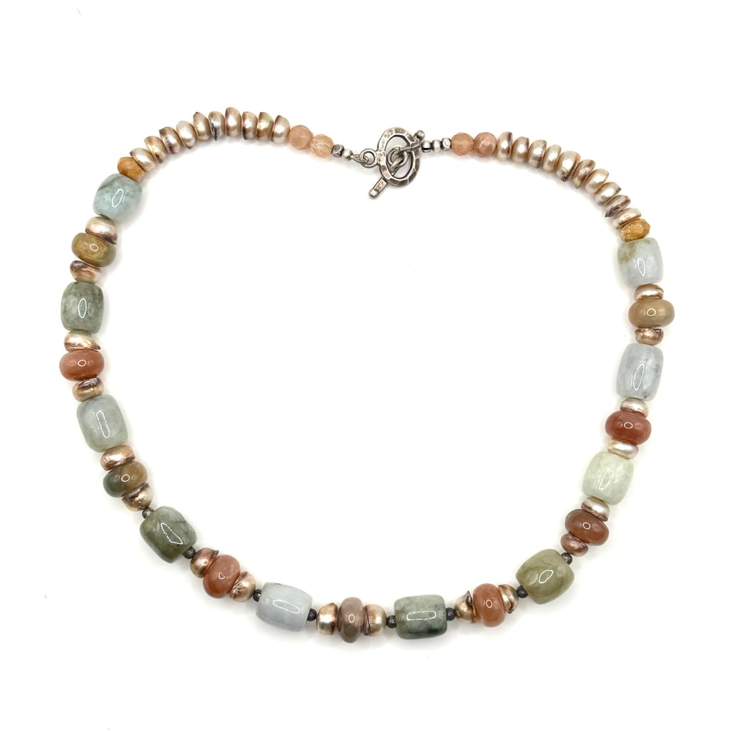 Vintage 90s Multi Jade Keshi Pearl Sterling Toggle Choker Necklace