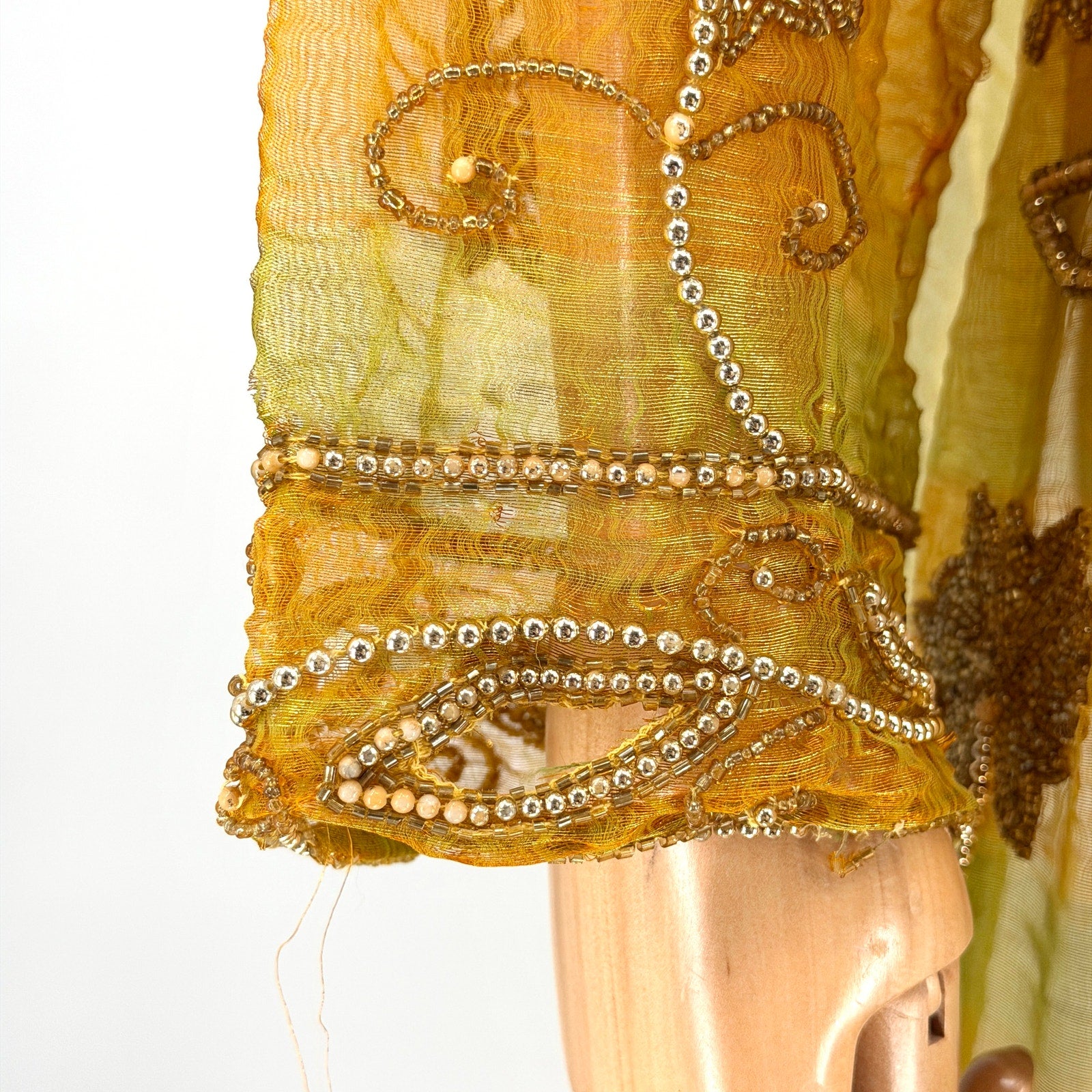 Vintage 80s Tan-Chho Green Gold Maximalist Beaded Sheer Shoulder Pad Duster