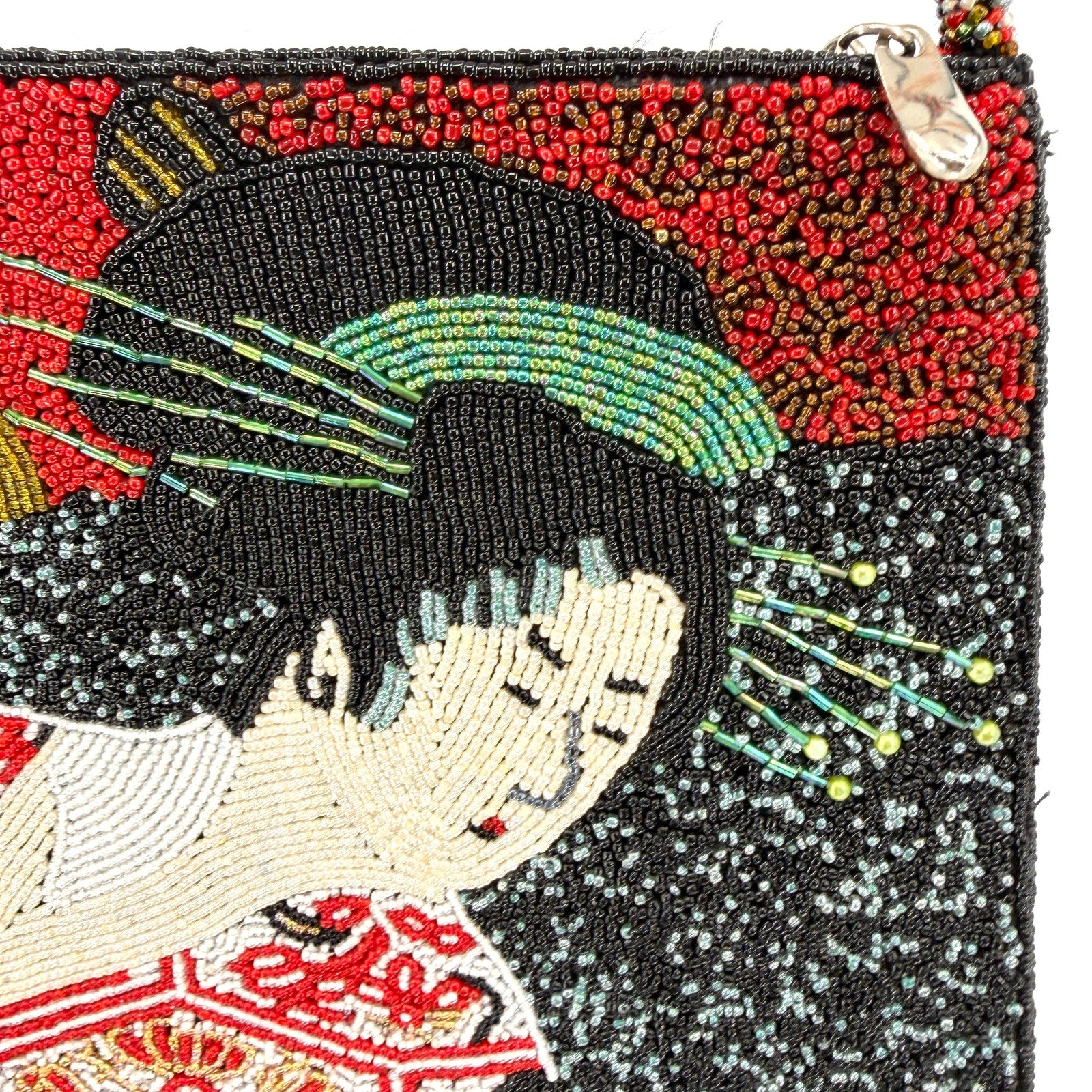 Vintage 90s Chicos Black Red Asian Geisha Portrait Fully Beaded Handbag