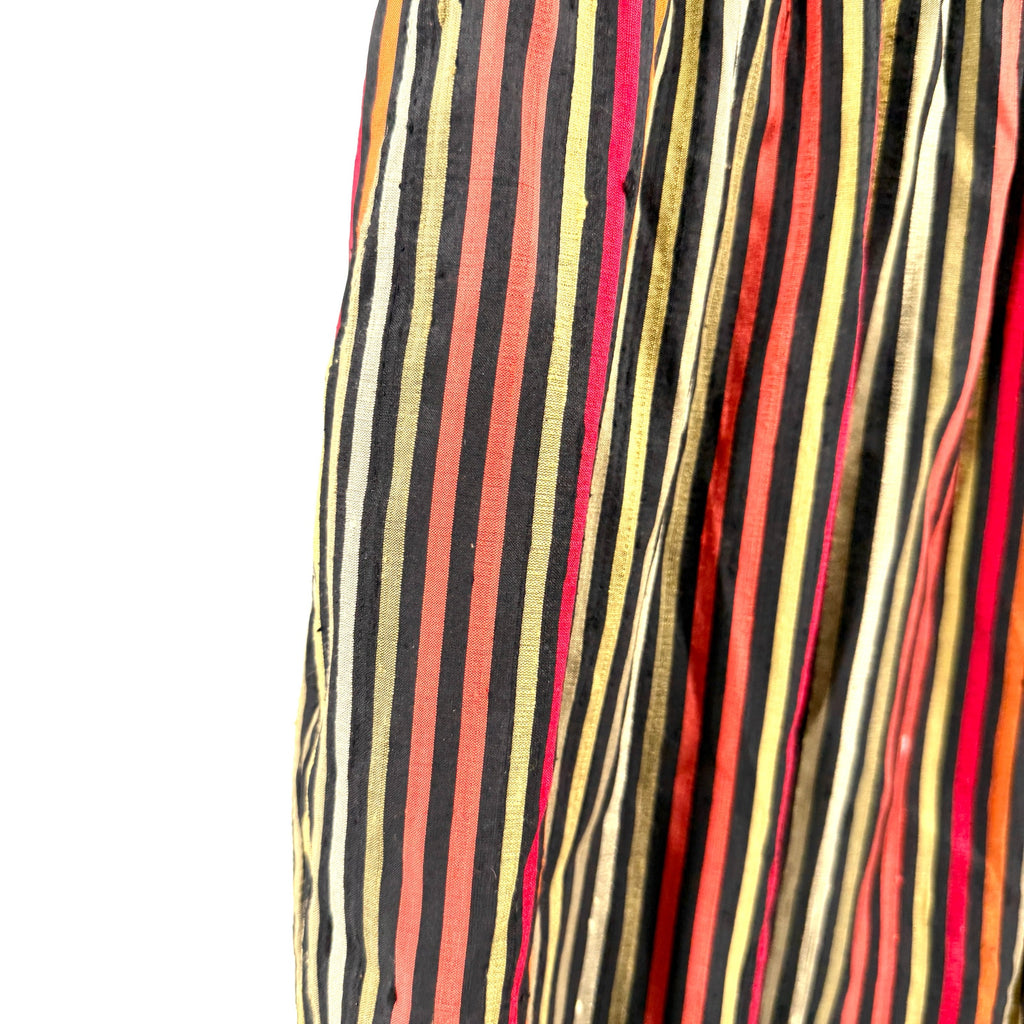 Black Multi-Color Striped Raw Silk Blend Elastic Waist Tapered Pants
