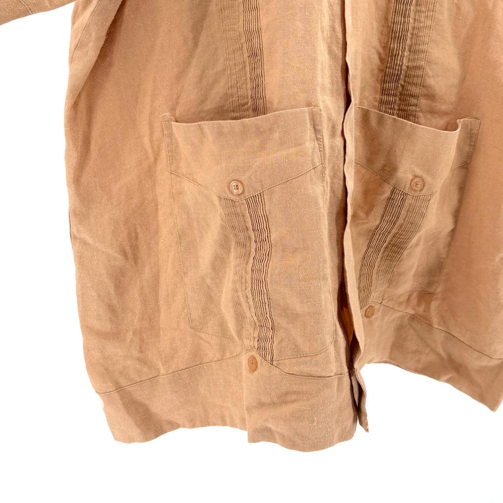 Vintage Y2K JMP Tan Pleated Four Pocket Short Sleeve Cuban Guayabera Shirt