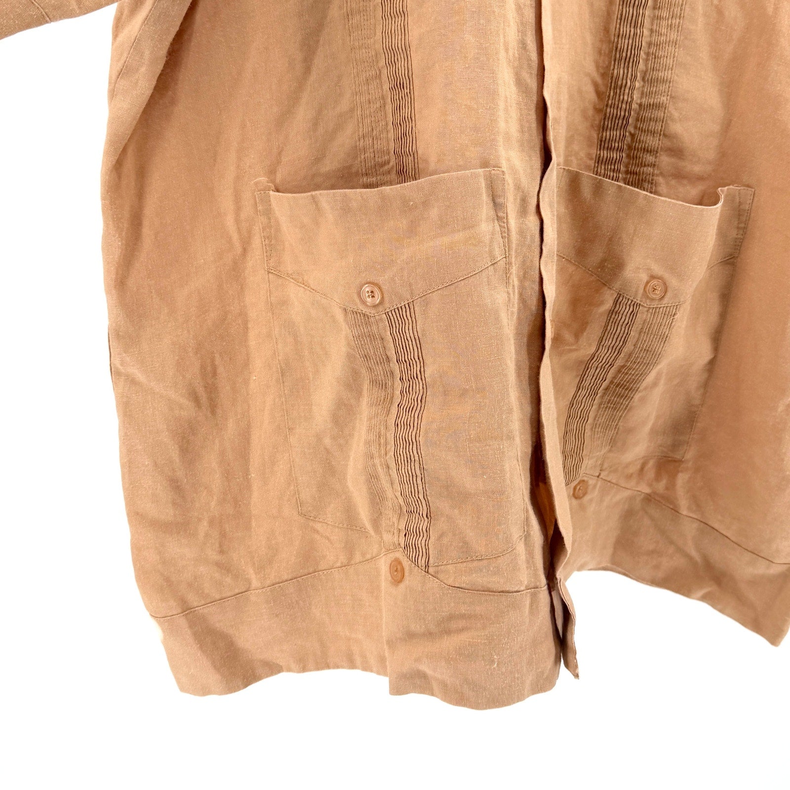 Vintage Y2K JMP Tan Pleated Four Pocket Short Sleeve Cuban Guayabera Shirt