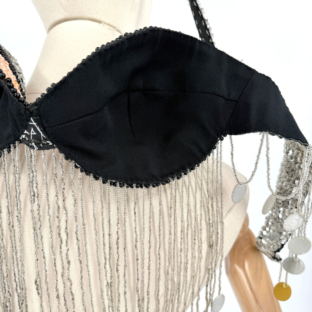 Vintage Y2K Silver Peach Sequin Beaded Fringe Showgirl Costume Bra Top