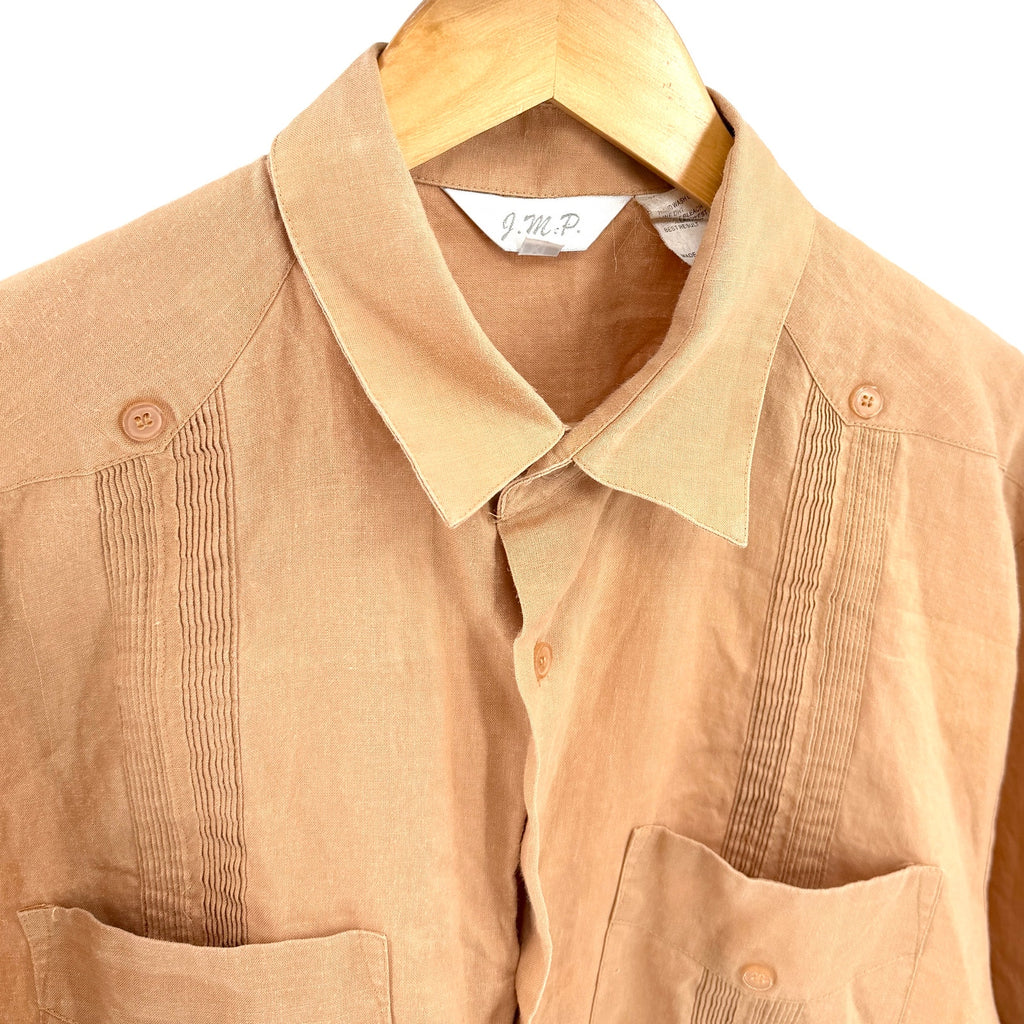 Vintage Y2K JMP Tan Pleated Four Pocket Short Sleeve Cuban Guayabera Shirt