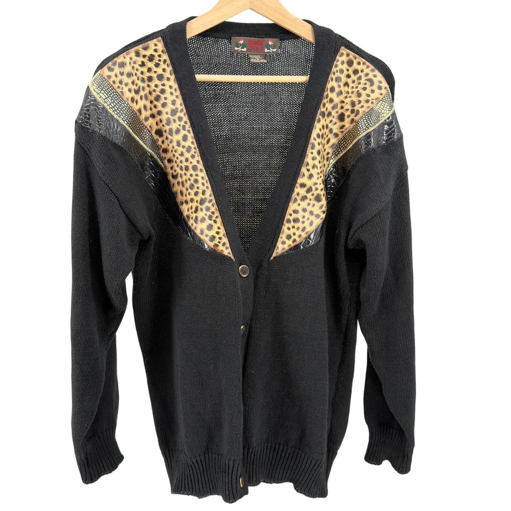 Vintage 90s Jordache Studio Black Leopard Print Vinyl Trim Cardigan Sweater