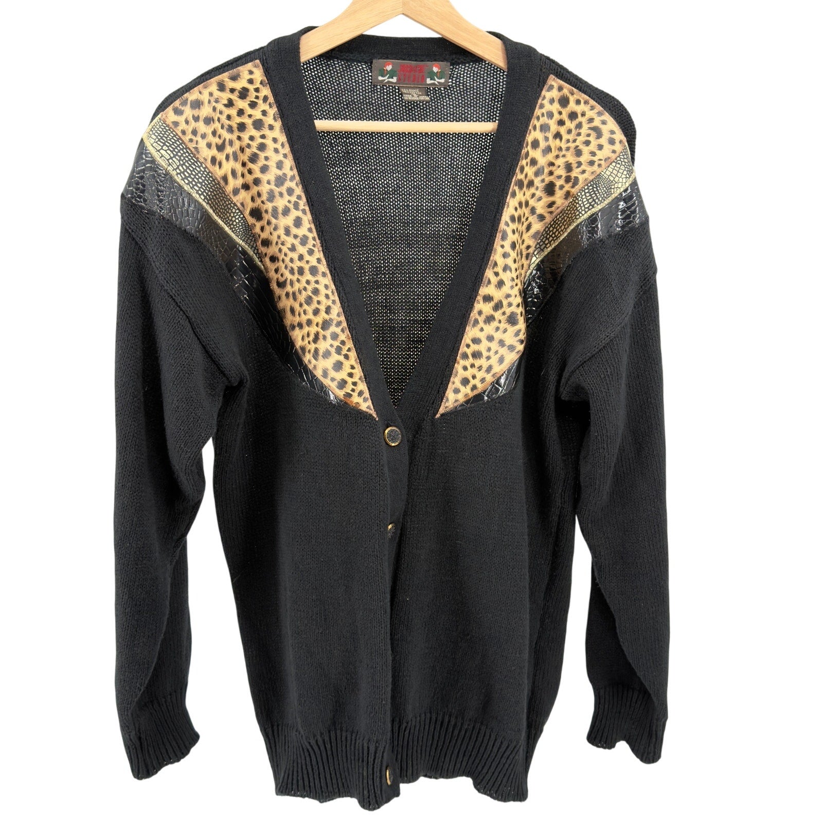 Vintage 90s Jordache Studio Black Leopard Print Vinyl Trim Cardigan Sweater