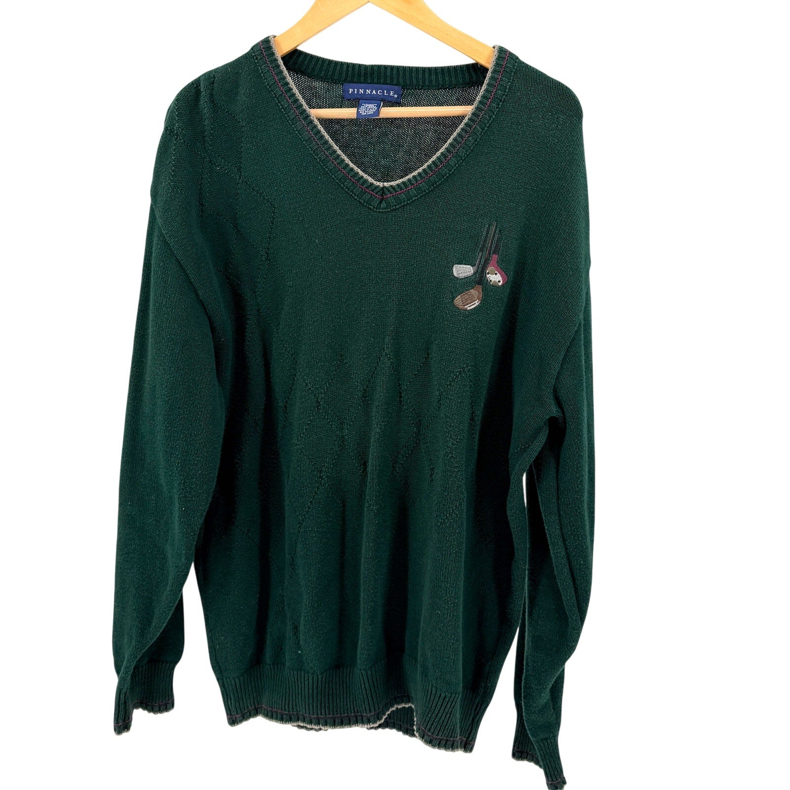 Vintage 90s Pinnacle Forest Green 100% Cotton Embroidered Golf V-Neck Sweater