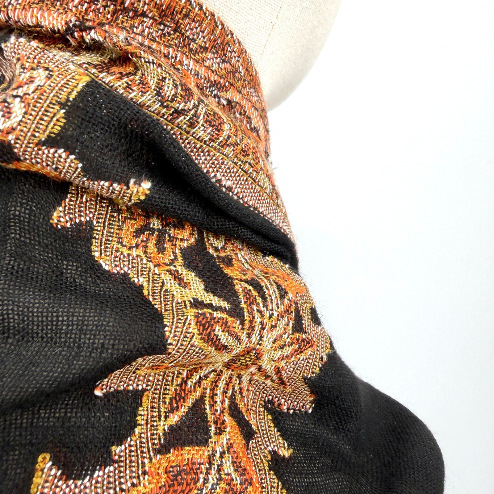 Black Brown Woven Jacquard Paisley Floral Fringe Wrap Shawl