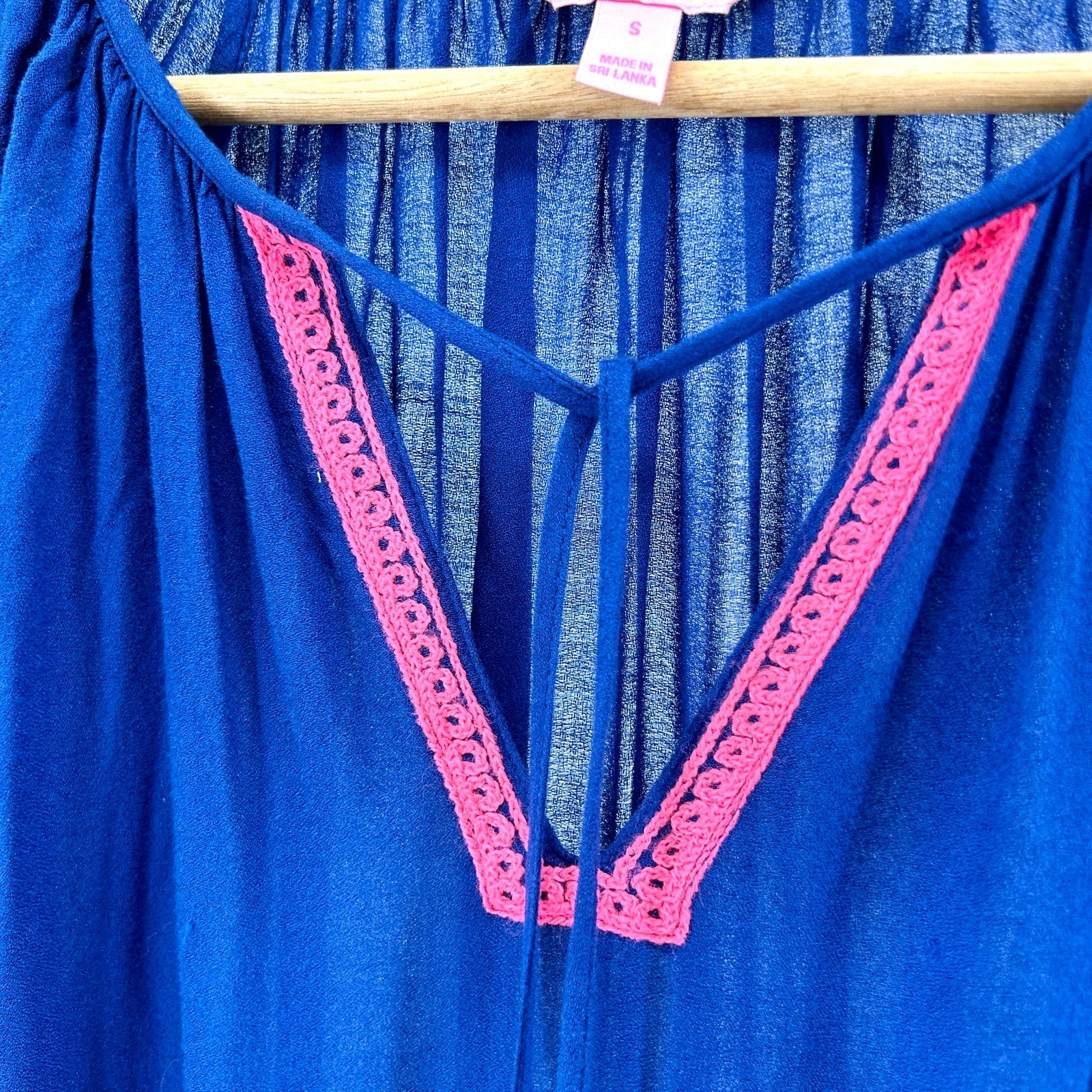 Lilly Pulitzer Navy Blue Pink Embroidered Tassel Peasant Blouse