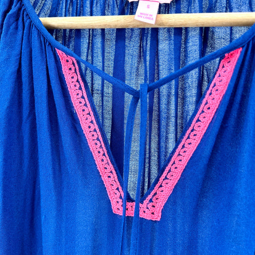 Lilly Pulitzer Navy Blue Pink Embroidered Tassel Peasant Blouse