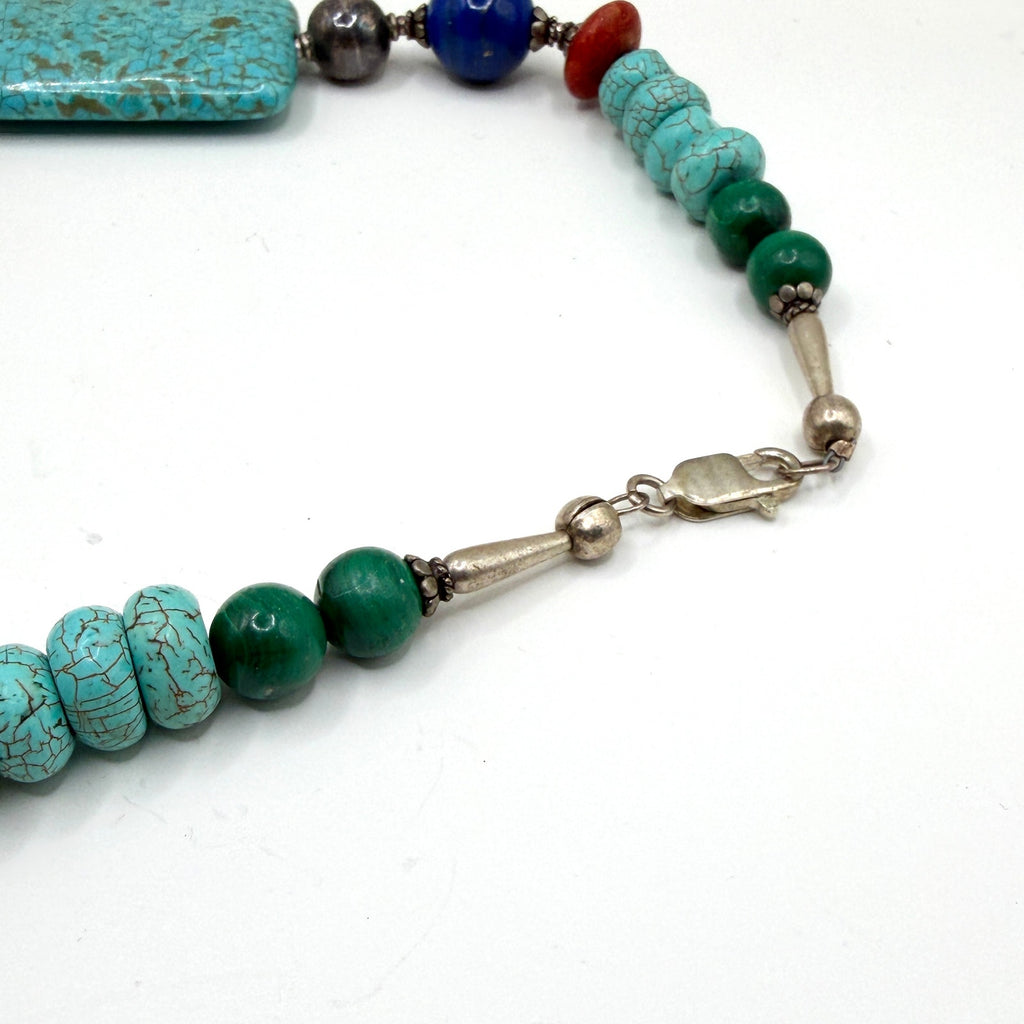Vintage 90s Southwestern Sterling Turquoise Genuine Amber Necklace