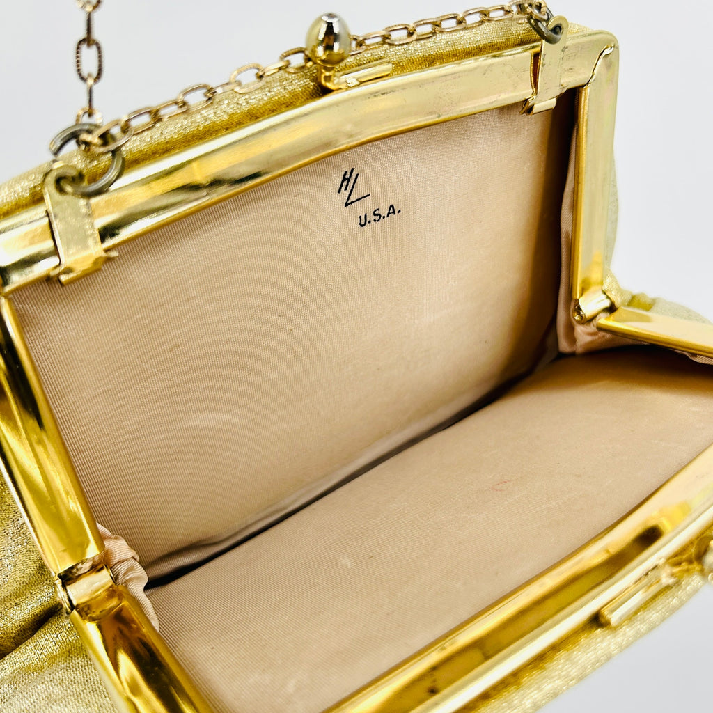 Vintage 1960s Gold Metallic Lamé Frame Evening Clutch Bag