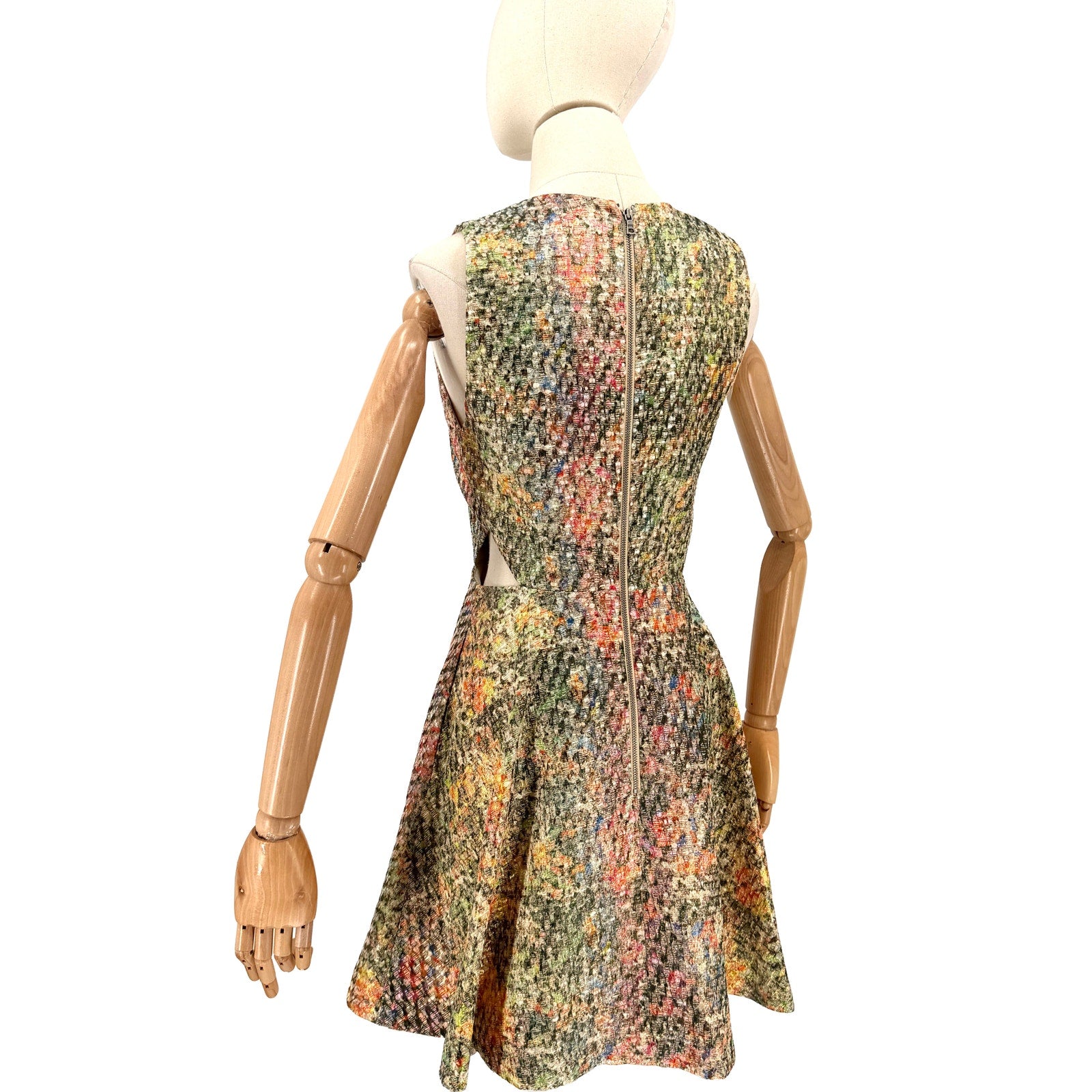 Alice + Olivia Gold Green Brocade Cutout Skater Mini Dress