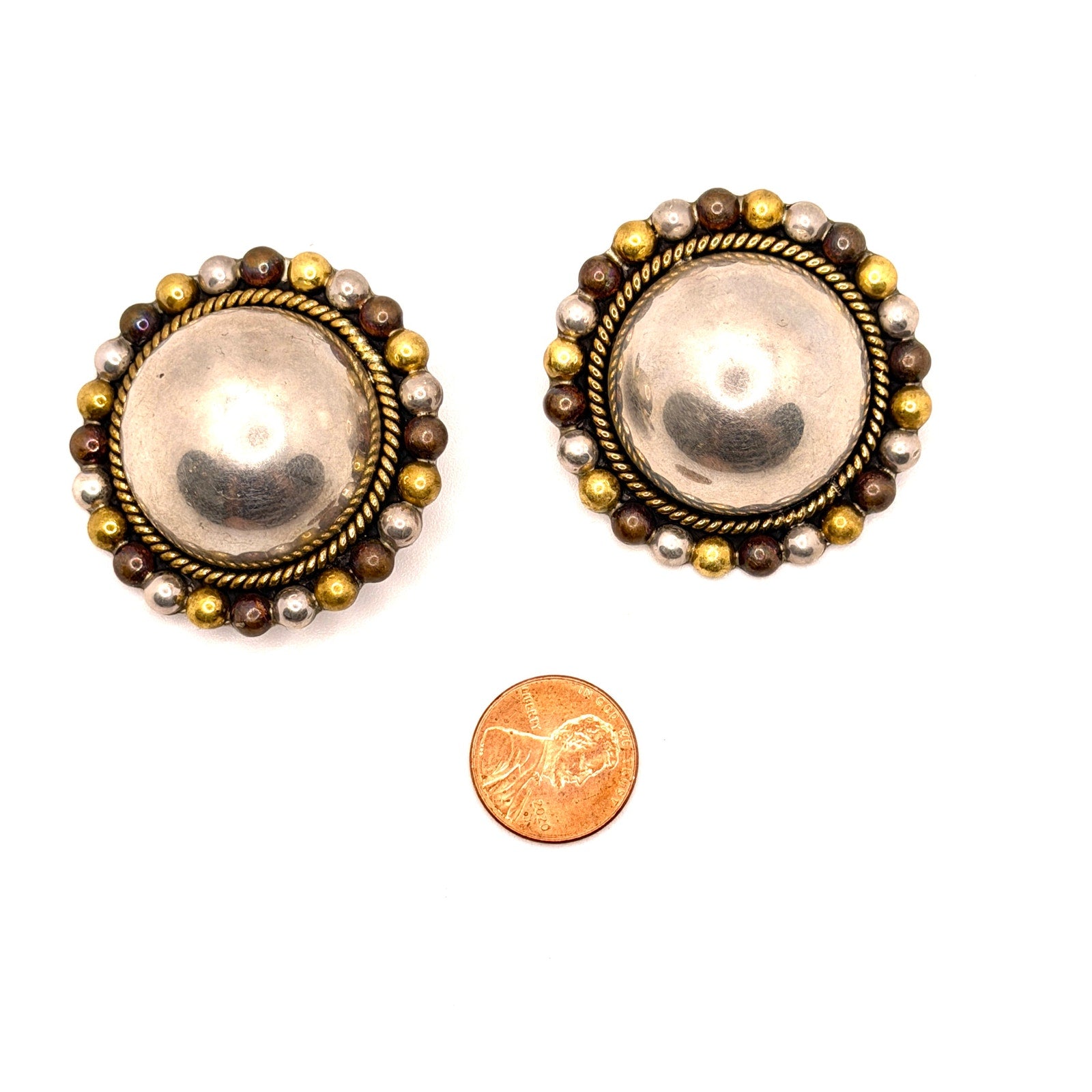 Vintage 90s Stamped Mexico 925 Sterling Silver Mixed Metal Dome Clip On Earrings