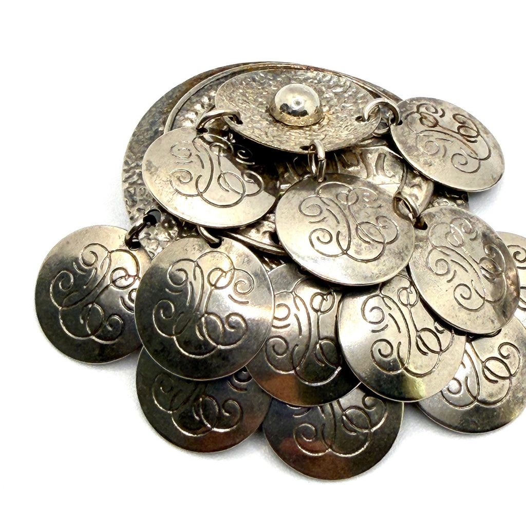 Vintage 90s Silver Tone Textured Multi Coin Dangle Cluster Clip On Earrings