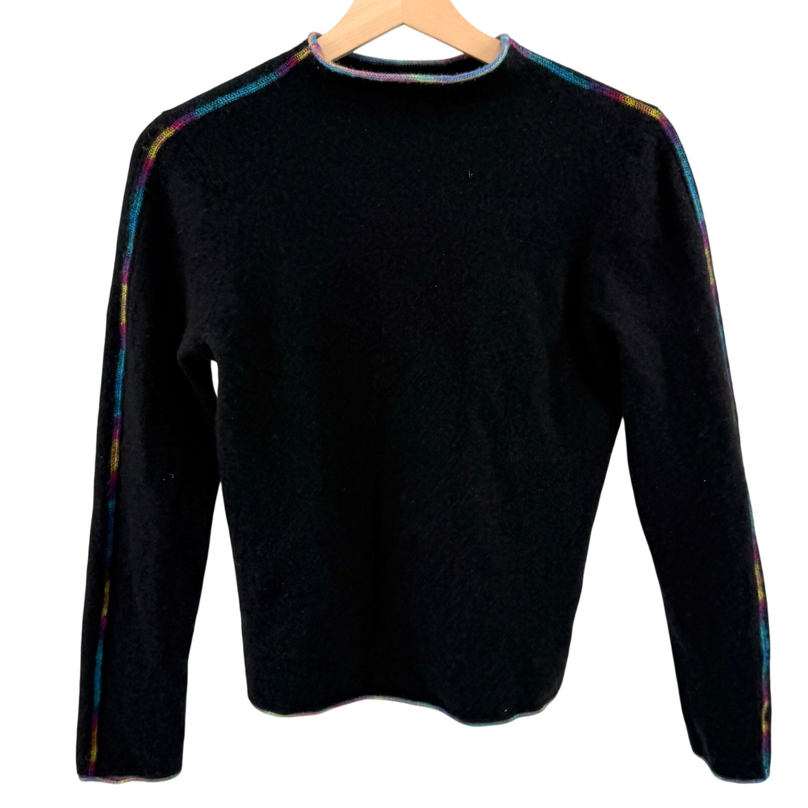COMOBOCA Black 100% Cashmere Rainbow Trim Crewneck Sweater