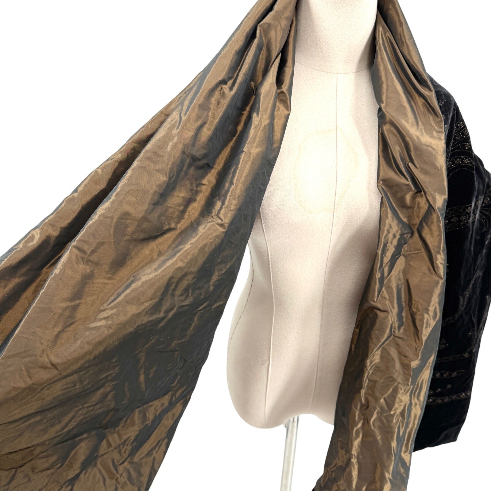 Vintage 90s Black Velvet Bronze Iridescent Wrap Glitter Formal Shawl Wrap