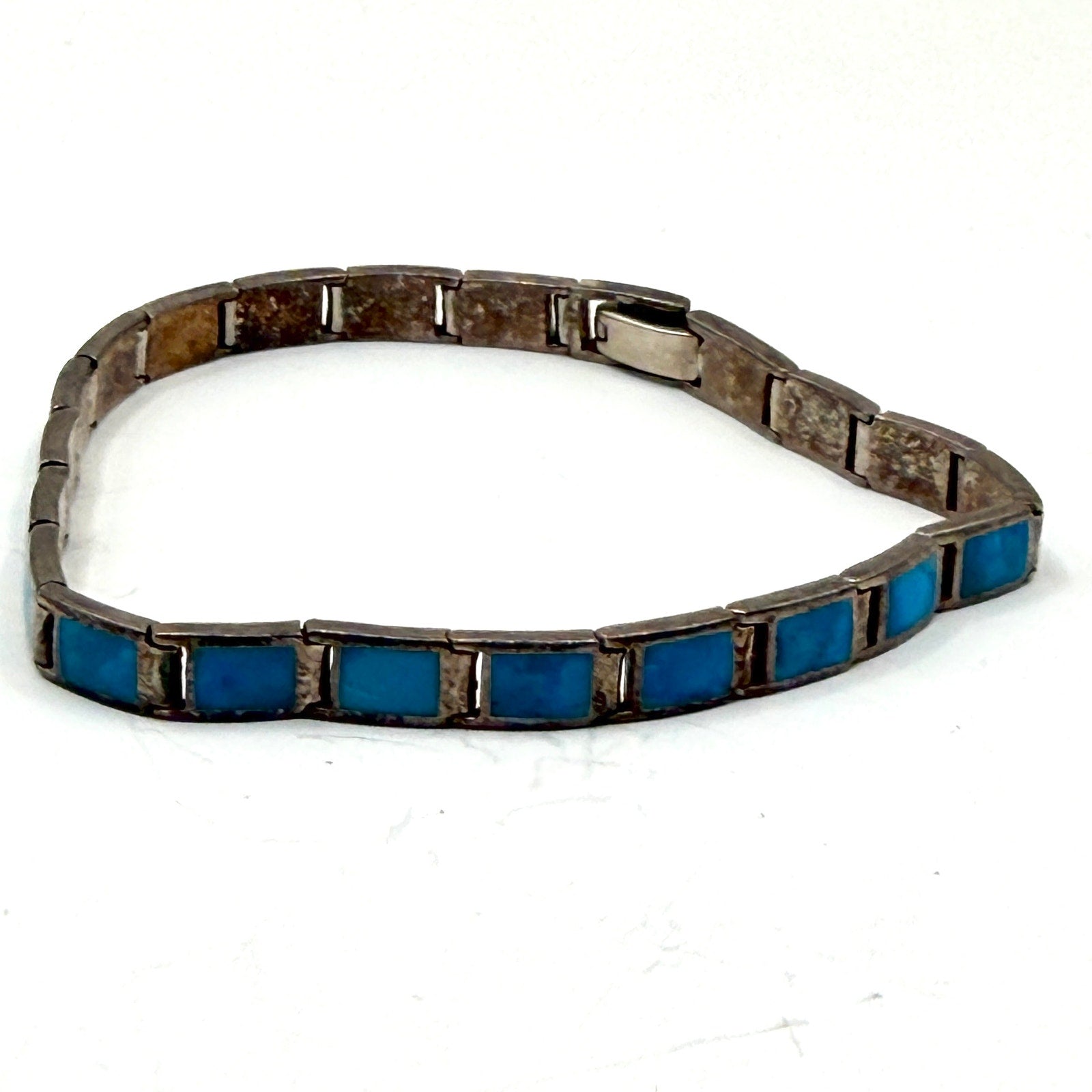 Vintage 90s Turquoise Sterling Silver Stamped Inlay Tennis Bracelet