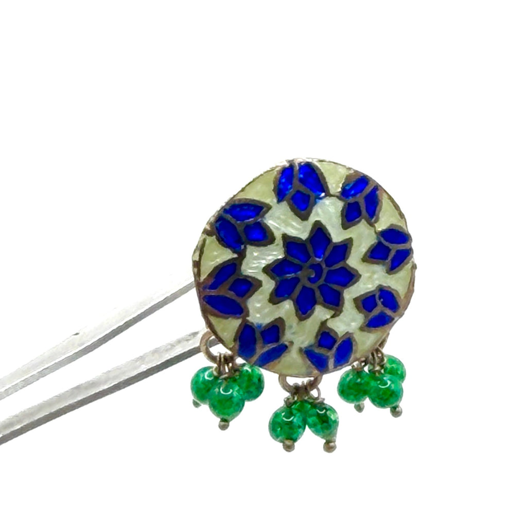 Vintage 90s Blue Green Enamel Stamped Sterling Silver India Stud Drop Earrings