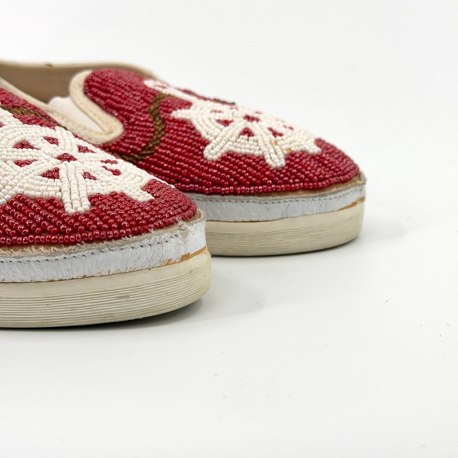Vintage 80s Beadz Nautical Beaded Red Canvas Slip On Shoes