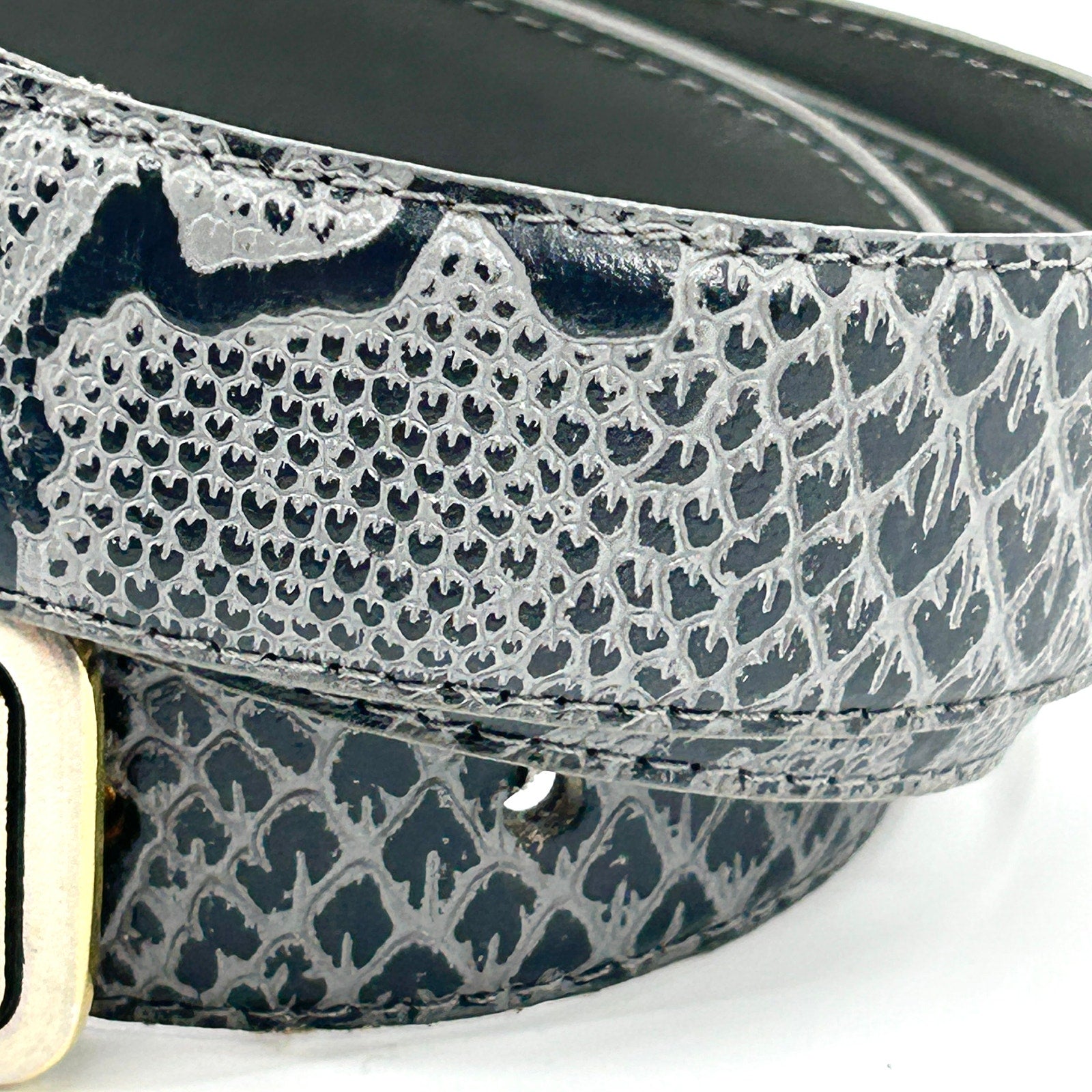 Vintage 90s Gray Black Genuine Leather Snakeskin Embossed Gold Buckle Belt