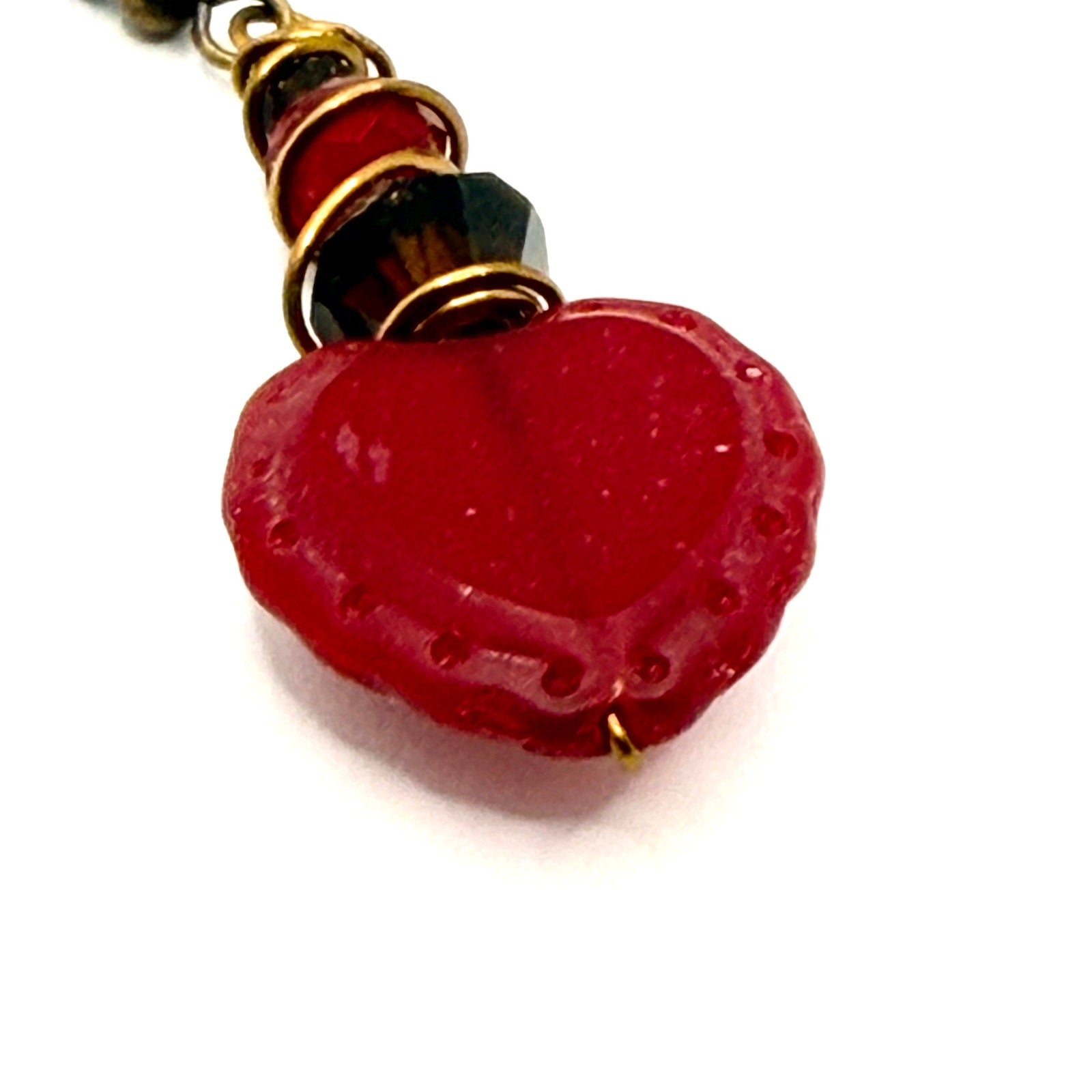 Vintage 90s Red Wire Wrapped Glass Heart Beaded Drop Earrings